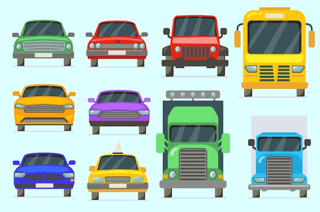 City transport front view Urban cars vehicles in town passenger transport service and taxicab