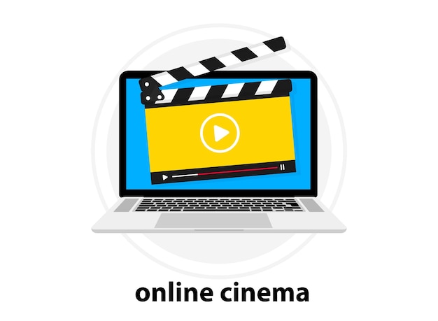 Clapperboard with online video player. Video tutorial. Online Movie. Online cinema of clapper board video player. Laptop with video player on screen. Notebook with live stream window