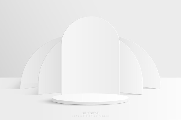 clean white studio room realistic 3d cylinder podium with arch and half circle shape backdrop