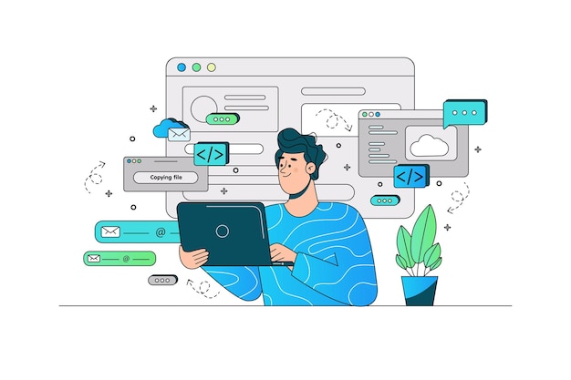 Clever man testing computer website or interface vector illustration Guy check functions flat style Development service testing concept