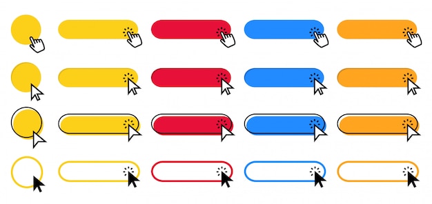 Click button. Cursor pointer clicking on buttons, pointing hand clicks and color web ui buttons  set