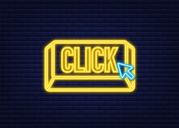 Click button with hand pointer clicking. Neon icon. Vector stock illustration.