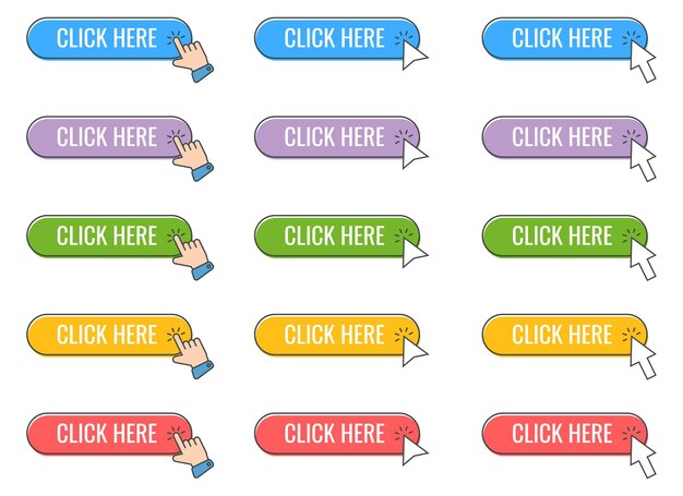 Click cursor icon with click here button vector set Action button with mouse click