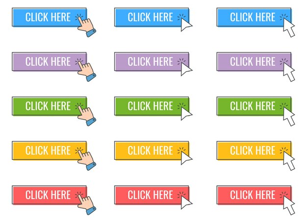 Click cursor icon with click here button vector set Action button with mouse click
