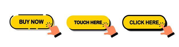 Click Here Button Set of action buttons website buy or download Click button Mouse cursor or Hand pointer The hand pressed a button for buy or register or links to websites