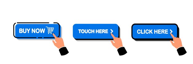 Click Here Button Set of action buttons website buy or download Click button Mouse cursor or Hand pointer The hand pressed a button for buy or register or links to websites