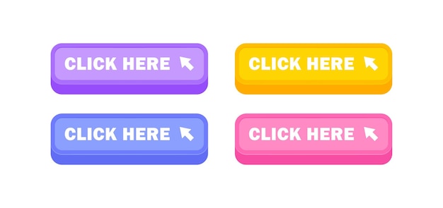 Click here button set with arrow pointer clicking Modern colorful 3d buttons for web and mobile apps