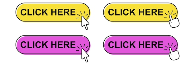 Click Here button with arrow cursor. Click button in vector flat style