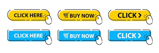 Click Here Button with Click cursor Set of action buttons website buy or download Click button Computer mouse cursor or Hand pointer symbol Touching cursor for buy or register or links to websites