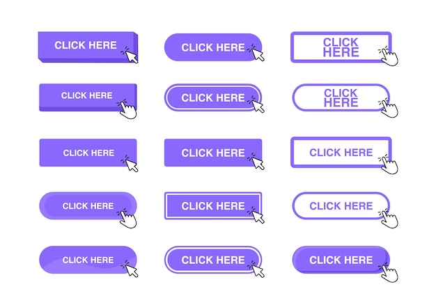 Click here button with hand cursor Hand pointer clicking Vector illustration