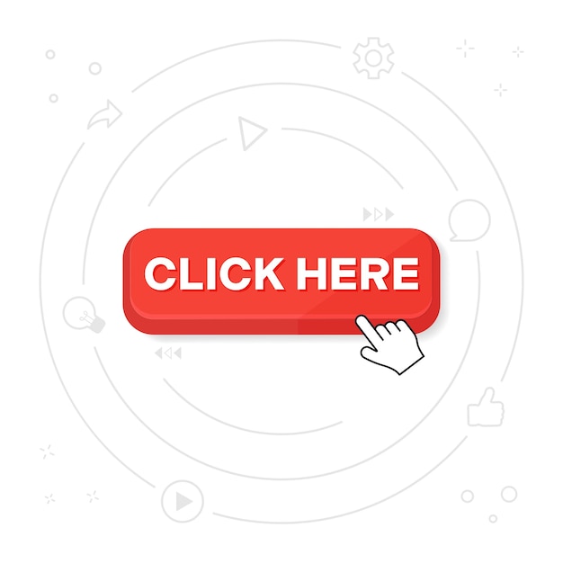 Click here button with hand pointer clicking Vector illustration on a white background