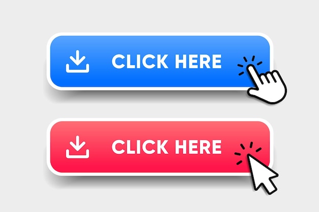 Click here web buttons with hand cursor Set of action button with arrow pointer Click button