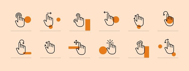 Click set icon Index finger brush tapping sliding Scrolling touch cursor arrow sensor watch Pressing concept Pastel color background Vector line icon