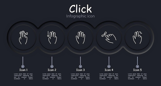 Clicks set icon Double click palm hand swipe move object scroll down with three fingers hold move up pinch with three fingers hold infographic delay with three fingers Gestures concept