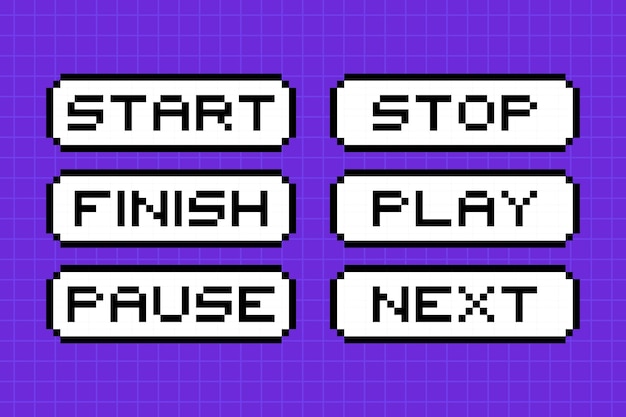 Clipart set of pixel elements in 8bit style on a bright purple checkered background Dialog boxes