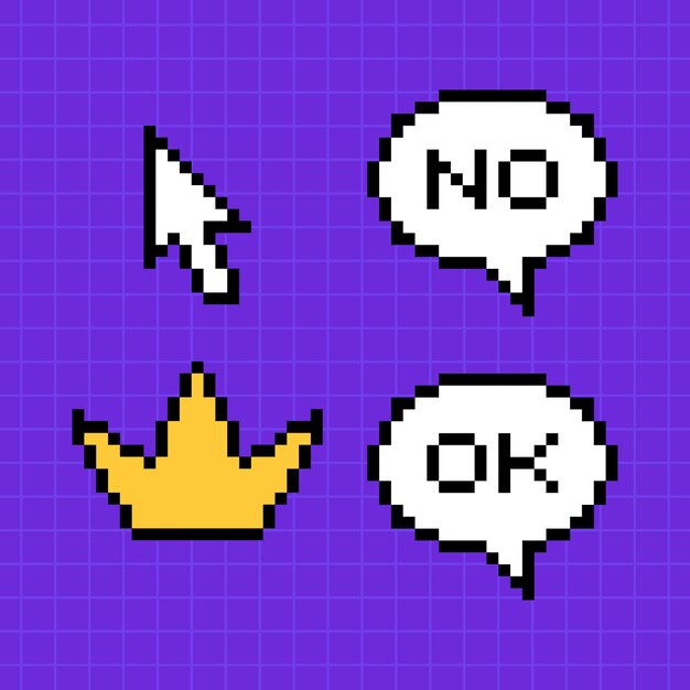clipart set of pixel elements in 8bit style on a bright purple checkered background dialog boxes