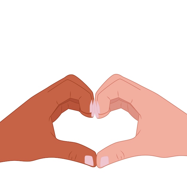 close up of black and white hands in heart shape interracial friendship peace and love vector