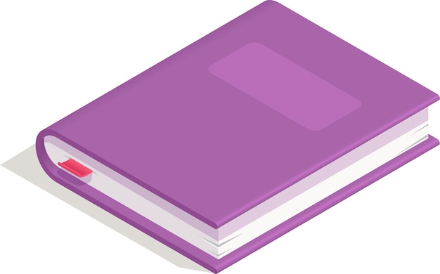 Closed purple book with bookmark lying open in isometric view featuring a blank cover providing ample copy space for titles or designs