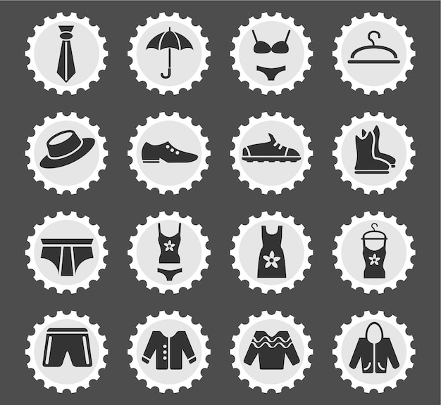 clothes icons on stylized round postage stamps