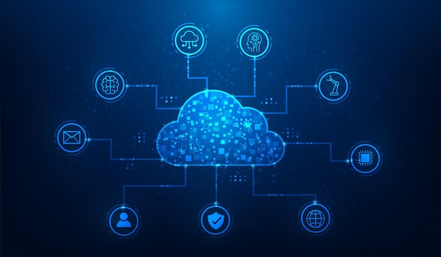 cloud computing big data storage cyber security protection system digital technology background Artificial Intelligence cloud database network online connection