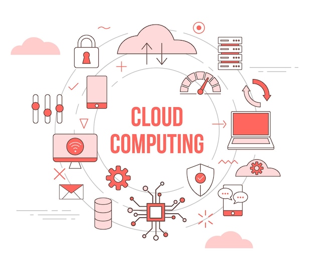 Cloud computing concept cloud smartphone laptop computer data network connection protection with icon set template style and circle round