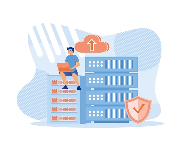Cloud computing concept Man sitting on rack analyzing file management on laptop