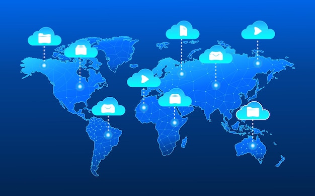 Cloud computing concept on Earth with technological blue world map and cloud symbol