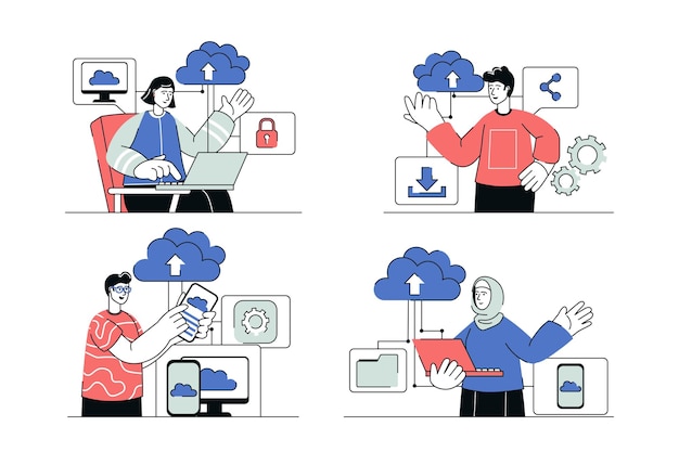 Cloud computing concept set in flat line design men and women use cloud storage server to backup