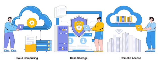 Cloud Computing Data Storage Remote Access Concept with Character Digital Infrastructure Abstract Vector Illustration Set Scalability Efficiency Flexible Solutions Metaphor