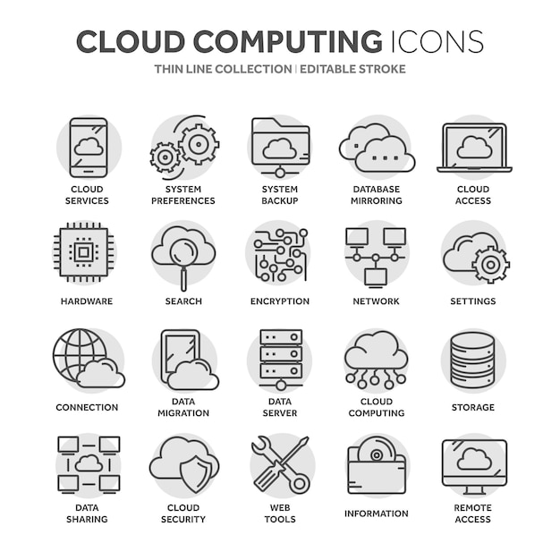 Cloud computing Internet technology Online services Data information security Connection Thin line black web icon set Outline icons collectionCircle element