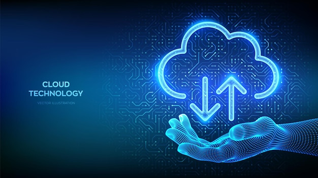 Cloud computing service Cloud icon in wireframe hand Secure Cloud Storage Database storage Data center Upload download app Circuit board pattern PCB printed circuit texture Vector illustration