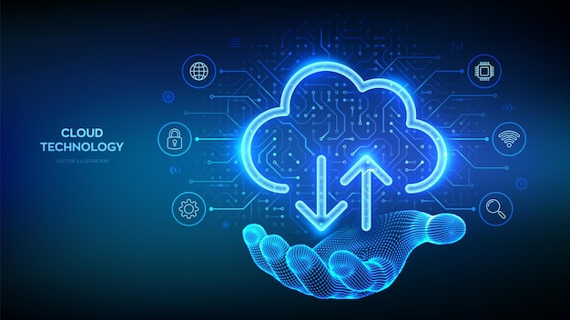 Cloud computing service Cloud icon in wireframe hand Secure Cloud Storage Database storage Data center Upload download app Circuit board pattern PCB printed circuit texture Vector illustration
