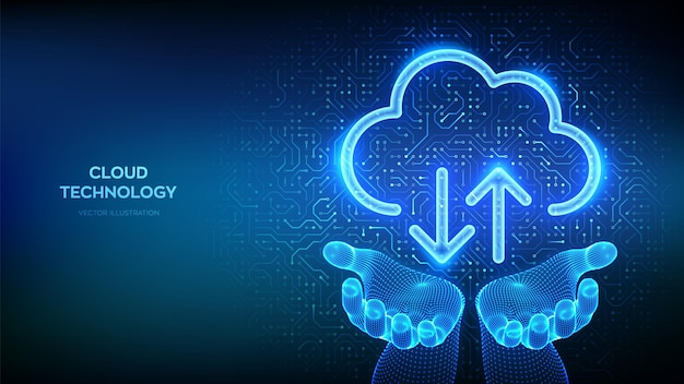 Cloud computing service Cloud icon in wireframe hands Secure Cloud Storage Database storage Data center Upload download app Circuit board pattern PCB printed circuit texture Vector illustration