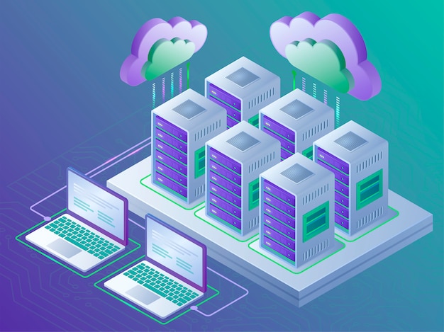 cloud computing technology and server room concept. landing page template. 3d isometric illustration.