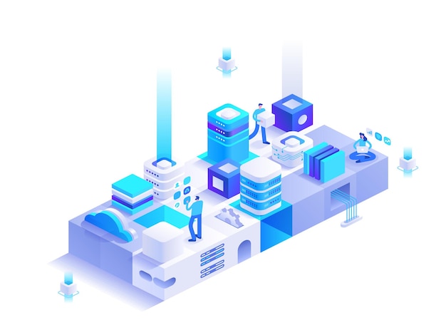 Cloud computing technology isometric concept People working on datacenter server data processing cloud storage online programming web hosting Vector character illustration in isometry design