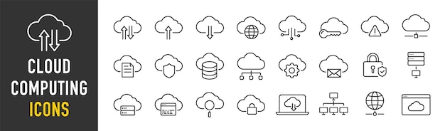 Cloud computing web icons in line style Cloud technology data center connection network digital service database platform collection Vector illustration