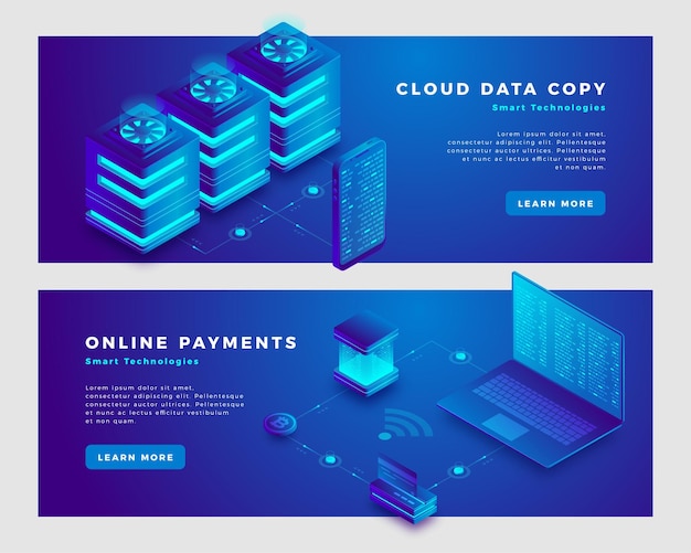 Cloud data copy and online payments concept banner template