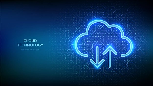Cloud icon Cloud computing service Database storage Data center Transfer data Secure Cloud Storage Upload download app Circuit board pattern PCB printed circuit texture Vector illustration