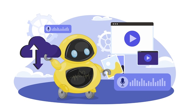 Cloud robotics service concept Virtual assistant and chat bot Artificial intelligence and machine learning AI robot with files Cartoon flat vector illustration