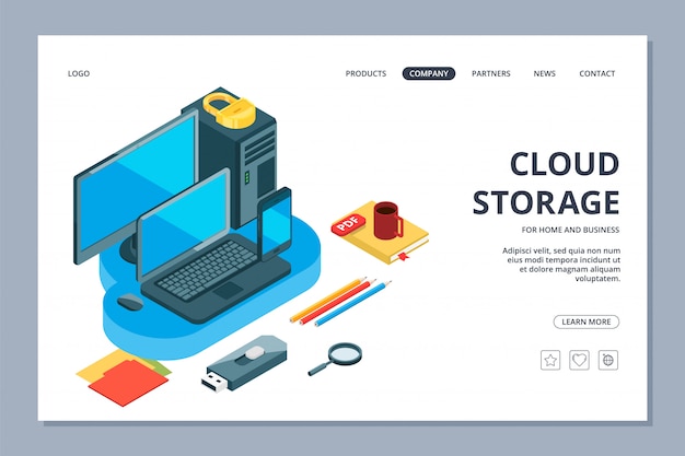 cloud storage landing page. isometric storage of information and data web page template