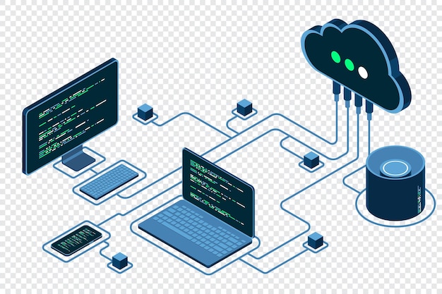 Cloud technology computing concept Modern cloud technology Data center isometric concept Isometric cloud technology with data center Web hosting concept Isometric technology