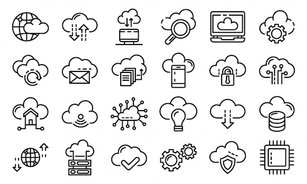 Cloud technology icons set, outline style
