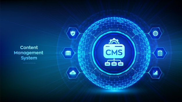 CMS Content Management System concept Website and document management web development and digital solutions Data integration 3D sphere with a hexagonal surface and CMS icon Vector illustration