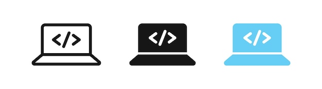 Code on laptop icon Software develop symbol Computer application signs Api technology symbols Website programmer icons Black blue color Vector isolated sign