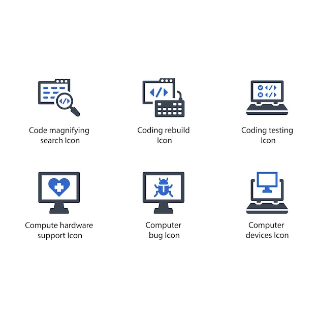 Code search Code rebuilds Code testing Hardware support Computer bug Computer devices icon