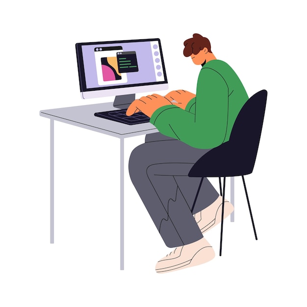 Coder writing code on computer Digital designer typing developer sitting on chair Professional software engineer work People in programming Flat isolated vector illustration on white background
