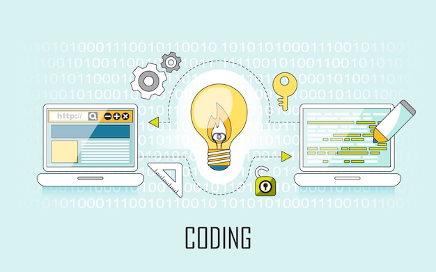 coding concept: lighting bulb and laptop in line style