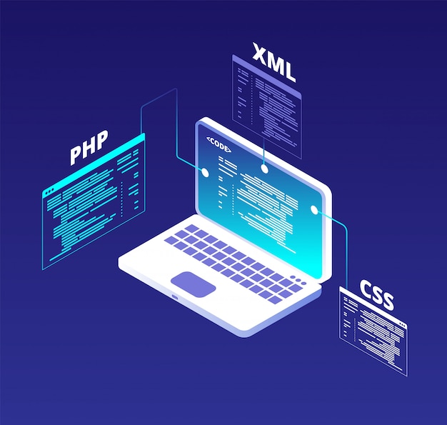 Coding concept. Website development and app software programming with laptop and virtual screens. Html5 and php code vector background