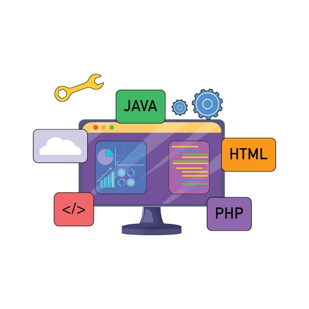 Coding environment display with Java HTML PHP and cloud icons software engineering concept art