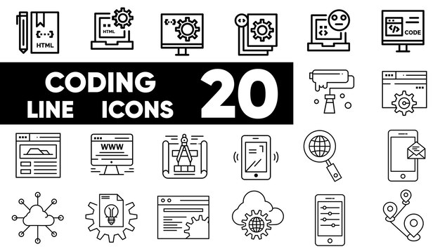 Coding line icons vector and Illustrator set